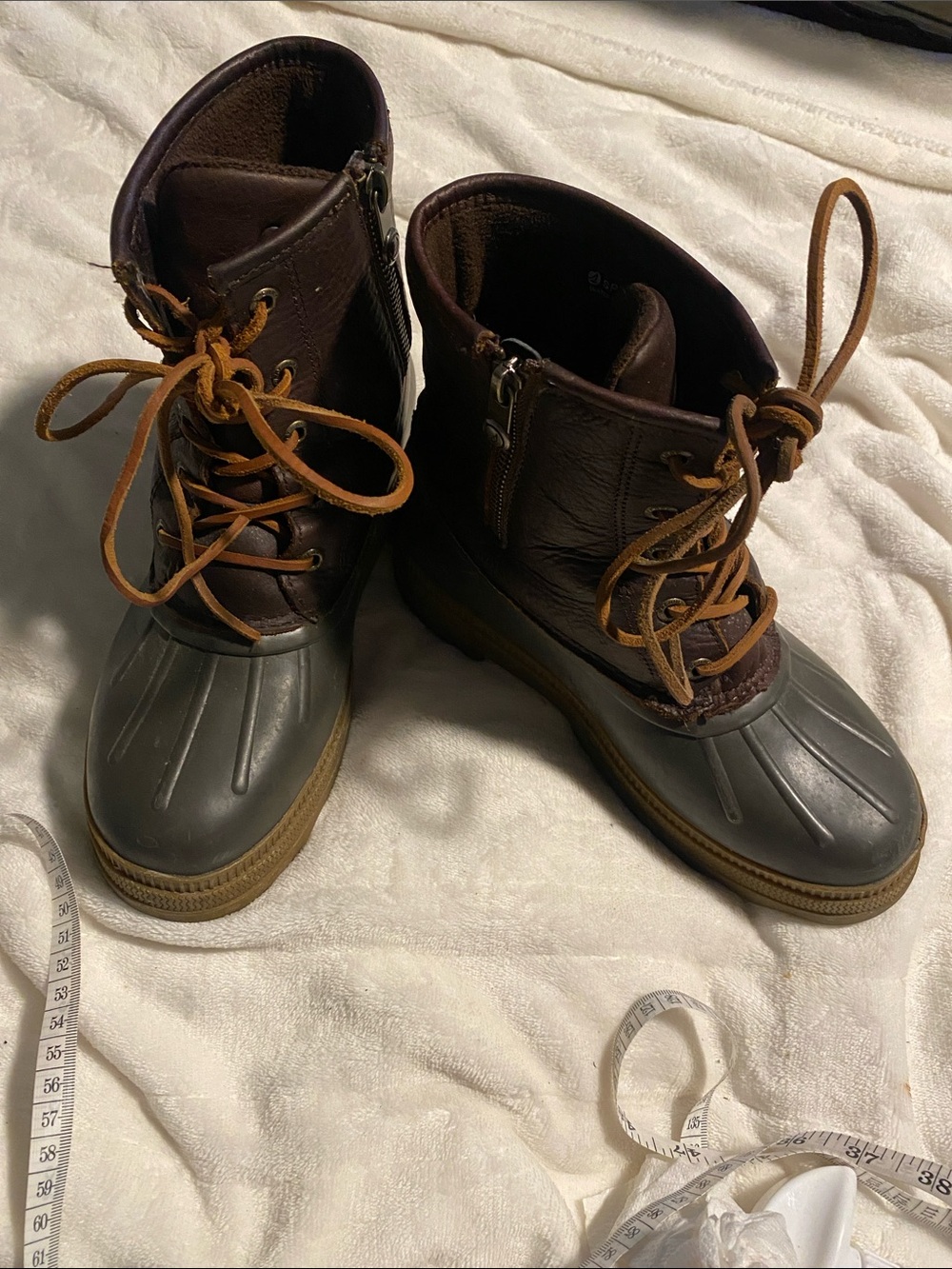 Sperry Brown on brown Rubber Duck Boots with Tan Laces